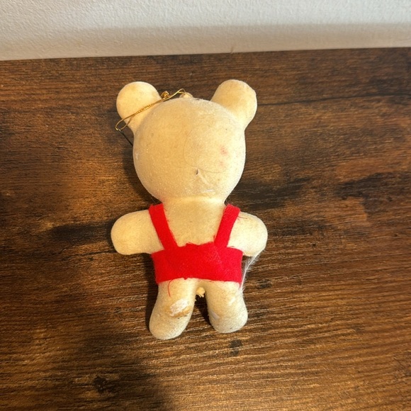 VINTAGE CHRISTMAS BEAR WITH OVERALLS AND TIE PLASTIC FLOCKED HANGING ORNAMENT - Picture 2 of 6